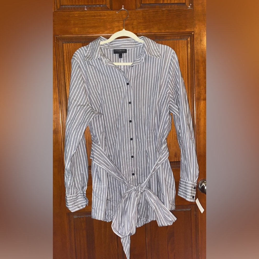 Lane Bryant Gray White Striped Oxford Shirt Tie Waist Womens Plus Size 16
